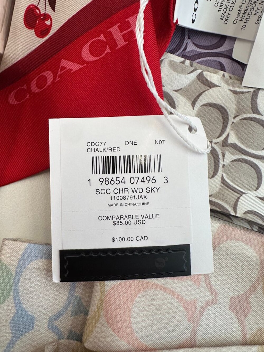 NWT! Coach CDG77 Sculpted C Cherries Print Silk Wide Skinny Scarf In Chalk Red - Picture 5 of 8